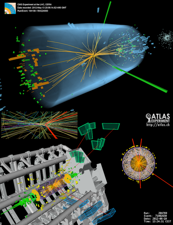 Événements candidats au boson de Higgs issus de collisions entre protons dans le LHC. L’événement du haut, obtenu par l’expérience CMS, montre une désintégration en deux photons (lignes jaunes en pointillés et lignes vertes). L’événement du bas, obtenu par l’expérience ATLAS, montre une désintégration en quatre muons (traces rouges). (Image: CMS/ATLAS/CERN)